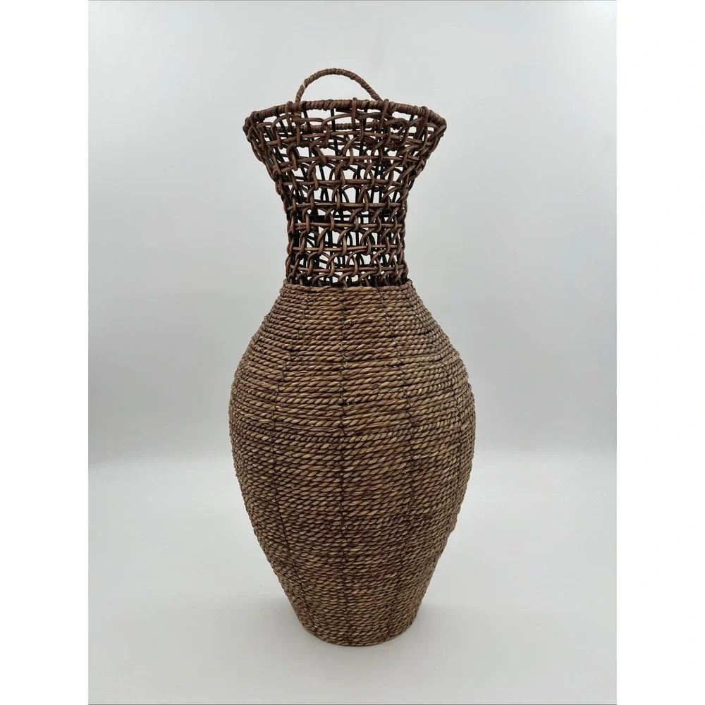 VTG Woven Wicker Rattan Brown Coiled Body Open Weave Neck Hanger Decor 20
